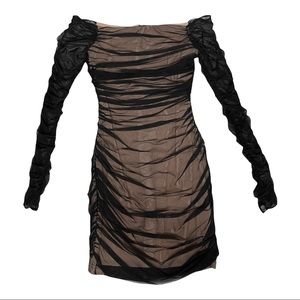 House of CB ruched black nude off the shoulder long sleeve mini dress